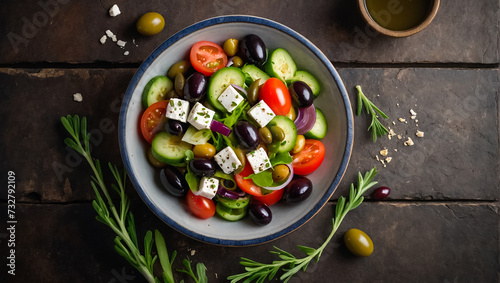Delicious Greek salad in a plate in the kitchen lunch
