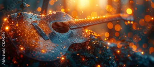 The gleaming guitar's strings sang a symphony as the delicate droplets danced in the light, evoking a sense of musical magic