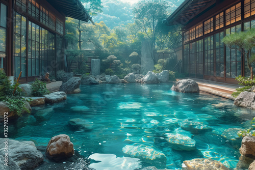 A captivating virtual reality experience that simulates a rejuvenating hot spring bath, providing users with a sense of relaxation and warmth. Concept of VR hot spring relaxation. Generative Ai.