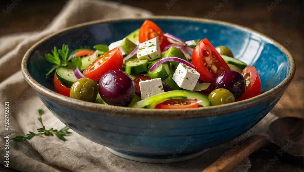 Delicious Greek salad in a plate in the kitchen classic Delicious Greek salad in a plate in the kitchen classic