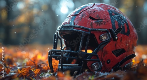 A vibrant headdress of protection, the red football helmet rests upon a bed of autumn leaves, symbolizing the unbreakable bond between athletes and the great outdoors © familymedia