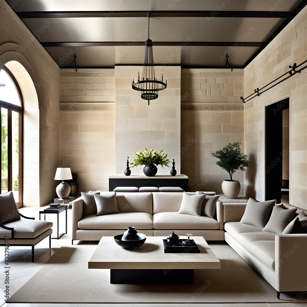 Image of a European living room with white brick walls, a bright floor ...