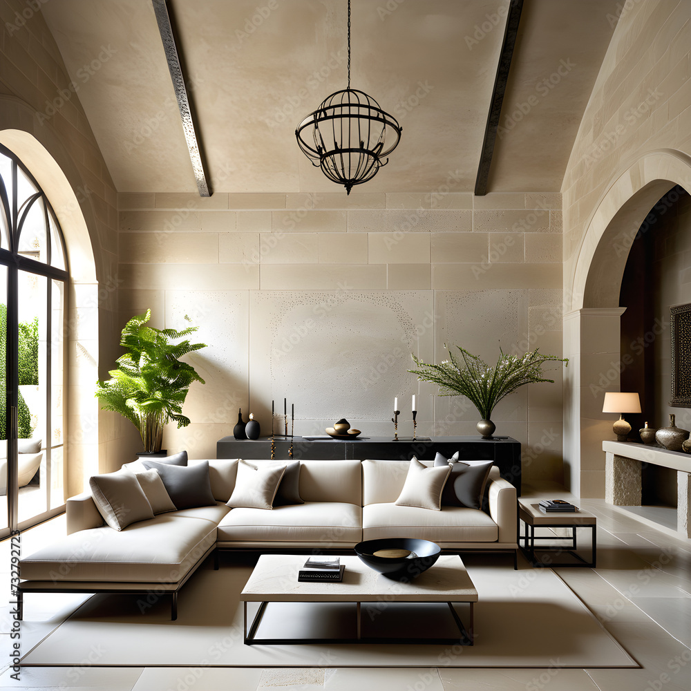 Image of a European living room with white brick walls, a bright floor ...