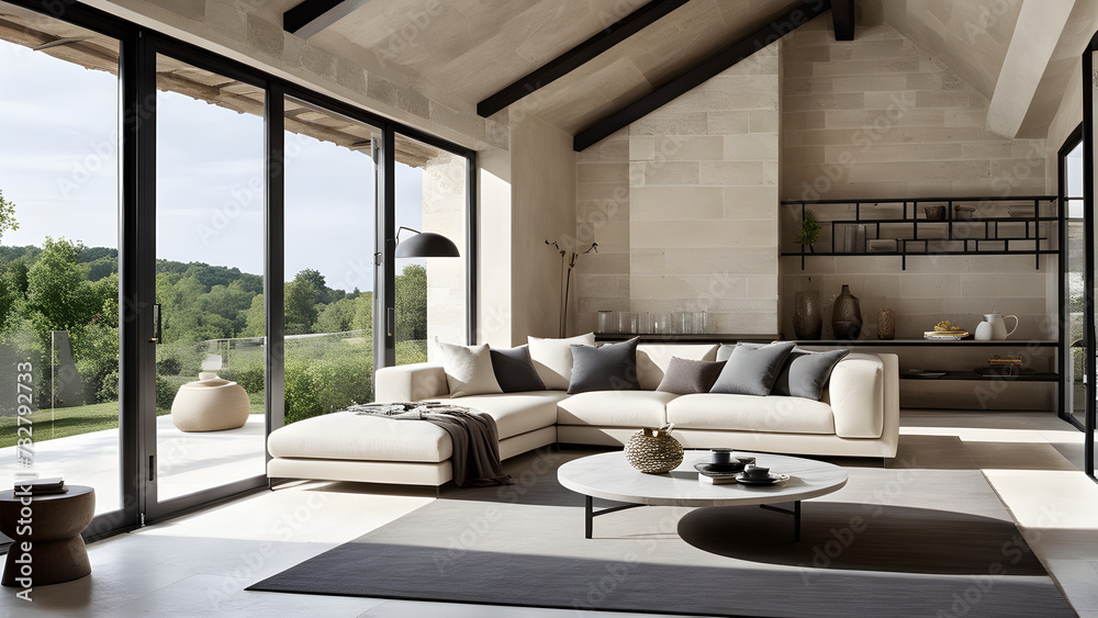 Image of a European living room with white brick walls, a bright floor ...