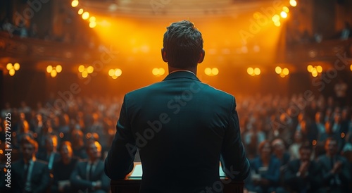 A confident man stands at the podium, commanding the attention of a darkened audience with his striking clothing and electrifying music at a concert