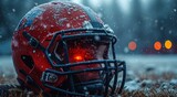 A wintry accessory for the outdoor warrior, this snow-dusted football helmet doubles as a protective headdress and a symbol of fearless determination