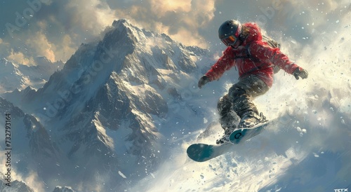 An adrenaline-fueled thrill seeker gracefully glides through the crisp mountain air, carving their snowboard through the snowy terrain in a daring display of skill and athleticism photo