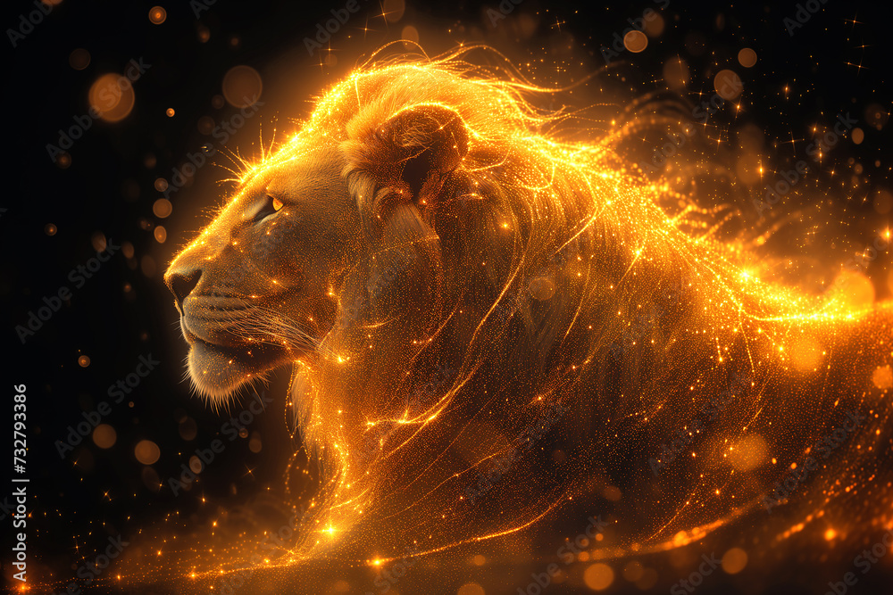 A sparkling fiery golden silhouette of a lion on a black background. The symbol of the zodiac sign is leo. Ai generative.. A sparkling fiery golden silhouette of a lion on a black background. The symbol of the zodiac sign is leo. Ai generative..