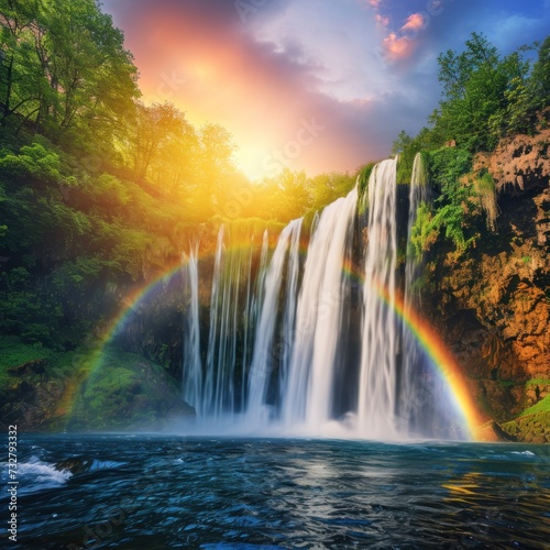 Stunning views of waterfalls and rainbows in spring with lush plants complemented by reflections of sunlight on bright mornings  great for backgrounds  websites  advertisements etc. Generative Ai