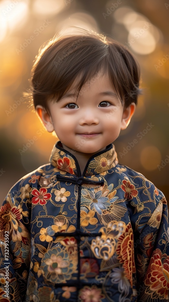 A close-up portrait of a smiling Chinese boy radiating joy and wearing floral robes evoking the beauty and delicacy of the culture. Boy immersed in rich Chinese cultural heritage. A close-up portrait of a smiling Chinese boy radiating joy and wearing floral robes evoking the beauty and delicacy of the culture. Boy immersed in rich Chinese cultural heritage.