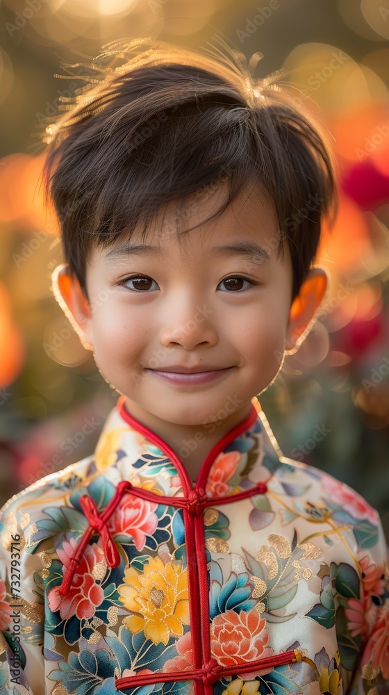 A close-up portrait of a smiling Chinese boy radiating joy and wearing floral robes evoking the beauty and delicacy of the culture. Boy immersed in rich Chinese cultural heritage. A close-up portrait of a smiling Chinese boy radiating joy and wearing floral robes evoking the beauty and delicacy of the culture. Boy immersed in rich Chinese cultural heritage.