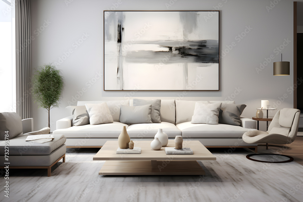 Interior of light living room with grey sofas, coffee table and large window, white design Interior of light living room with grey sofas, coffee table and large window, white design