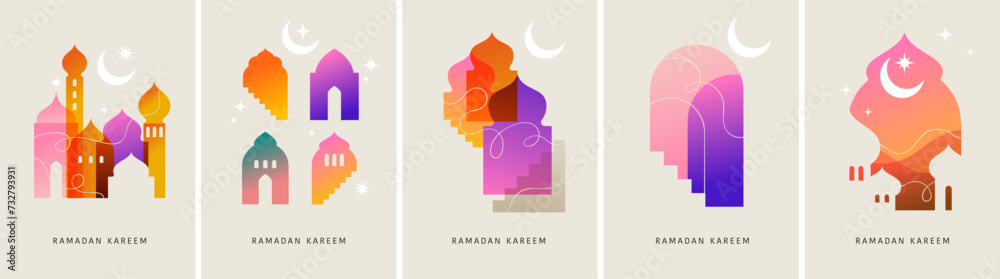 Collection of modern style Ramadan Mubarak colorful designs. Greeting cards set, backgrounds. Windows and arches with moon, mosque dome and lanterns - obrazy, fototapety, plakaty 