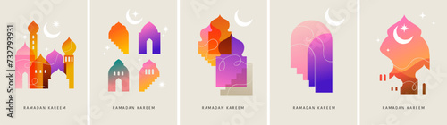 Collection of modern style Ramadan Mubarak colorful designs. Greeting cards set, backgrounds. Windows and arches with moon, mosque dome and lanterns photo