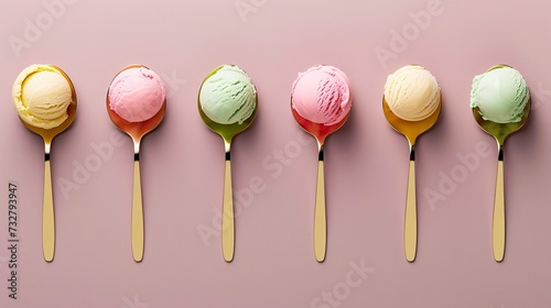 Glittering gold spoons serve as exquisite utensils for delicious scoops of creamy ice cream. Golden spoons with ice creams in minimalist style.