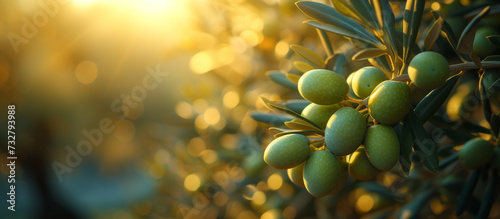 Olive tree branch with green olives close up. Sunlight background.