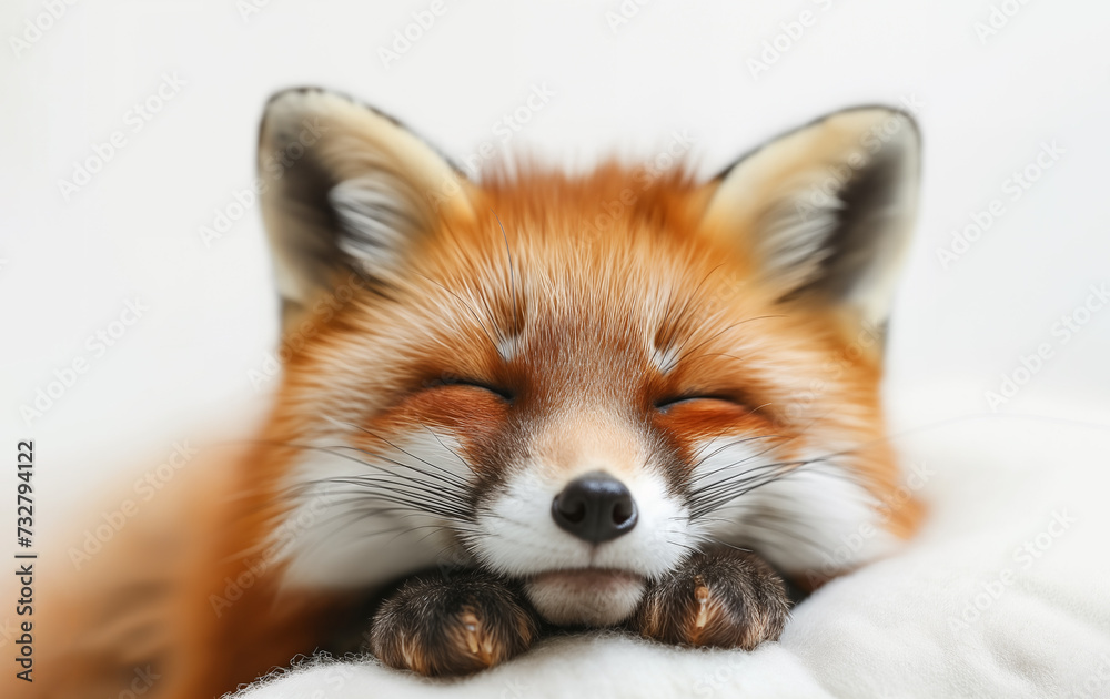 Close up of a red fox (Vulpes vulpes) sleeping, isolated on white background