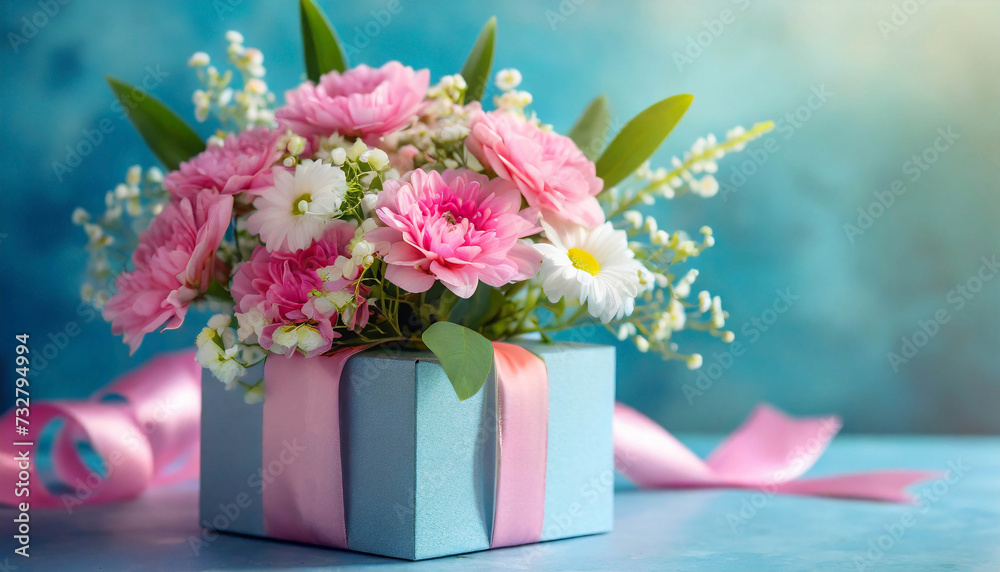 Mothers Day bouquet of flowers in gift box on blue background, copy space