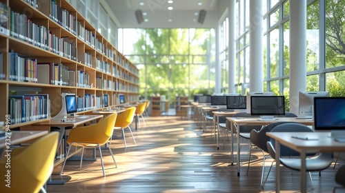A study area in the library, equipped with spacious desks and ergonomic chair...
