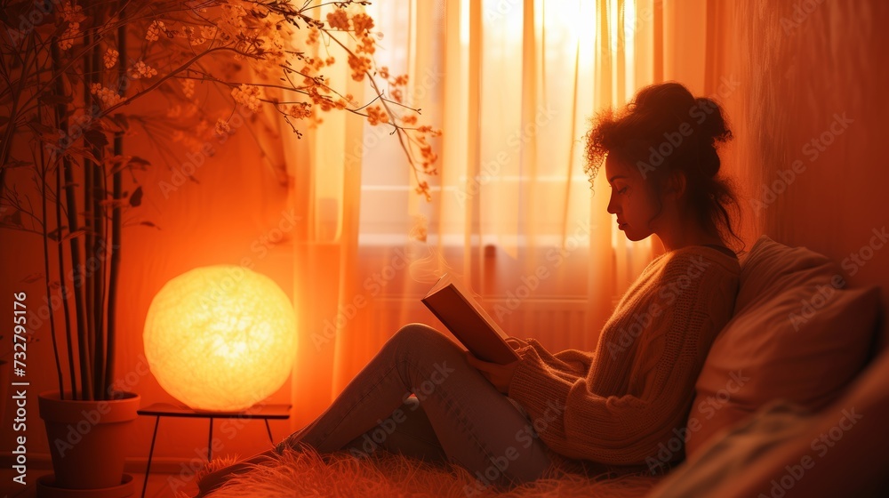 A peaceful scene of someone reading a book in a cozy corner with warm lighting A peaceful scene of someone reading a book in a cozy corner with warm lighting