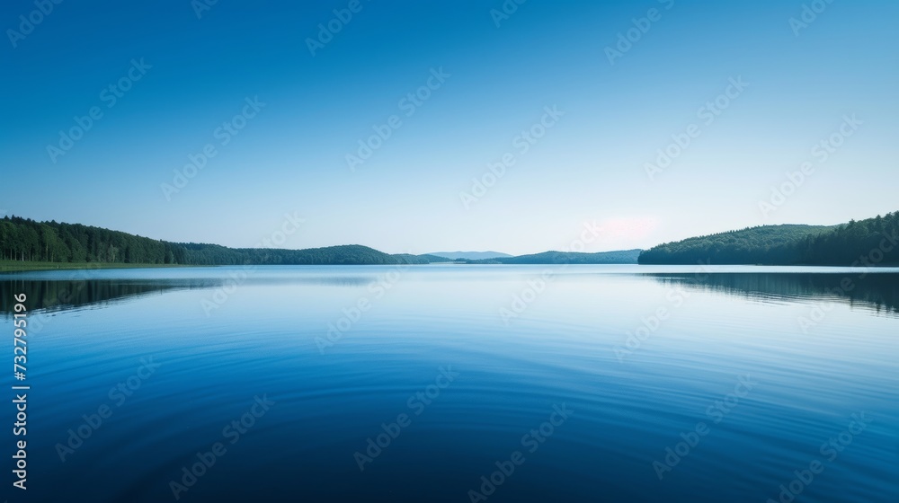 A tranquil lake reflecting the clear blue sky, creating a sense of serenity and inner peace A tranquil lake reflecting the clear blue sky, creating a sense of serenity and inner peace