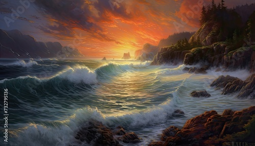 Coastal scene with rocky cliffs and crashing waves against a colorful sky.