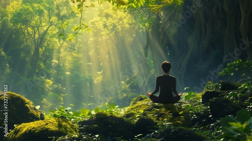 A serene individual meditating in a lush forest, surrounded by tranquil nature
