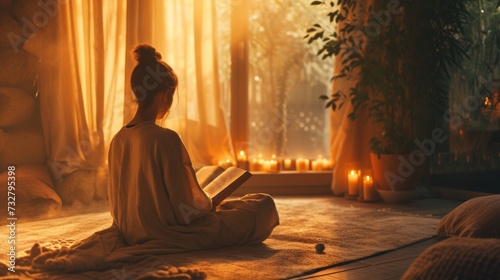 A peaceful scene of someone reading a book in a cozy corner with warm lighting