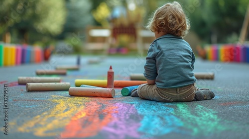 A quiet moment of a child drawing with chalk on the driveway, creativity in e...