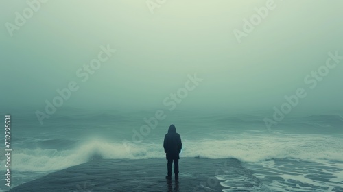 A small figure standing at the edge of the ocean, contemplating the vastness ...