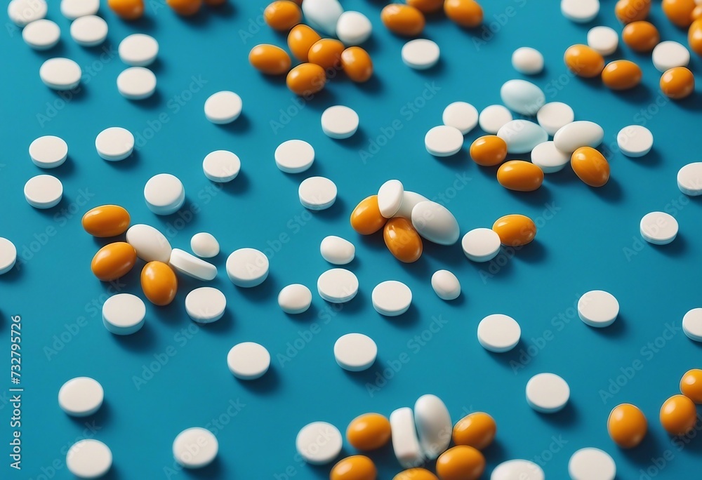 Assorted pharmaceutical medicine white and orange pills tablets and capsules on blue background Assorted pharmaceutical medicine white and orange pills tablets and capsules on blue background