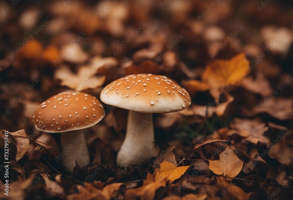 Autumn composition Mushrooms Boletus and Blurred Autumn leaves background Fall season mood Autumn composition Mushrooms Boletus and Blurred Autumn leaves background Fall season mood