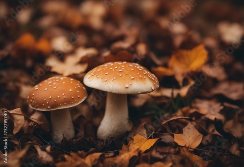 Autumn composition Mushrooms Boletus and Blurred Autumn leaves background Fall season mood