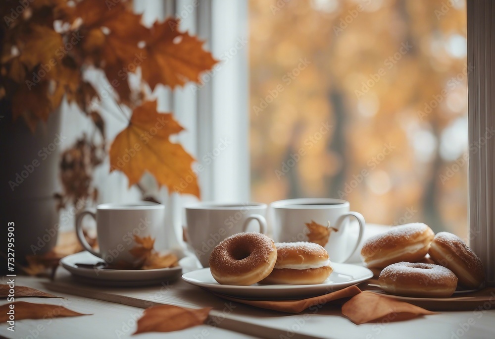 Hello October autumn background Coffee cup books donuts warm plaid and autumnal leaves on a window with a view on the park trees Concept of cozy home family and love Hello October autumn background Coffee cup books donuts warm plaid and autumnal leaves on a window with a view on the park trees Concept of cozy home family and love