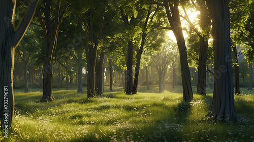 A serene forest glade with dappled sunlight filtering through the trees, capturing the beauty of nature and tranquility