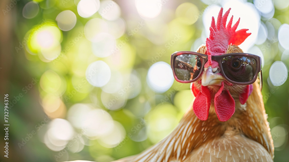 funny chicken portrait in sunglasses. chicken with sunglasses on. AI Generative