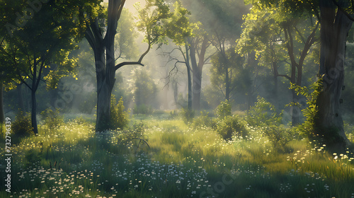 A serene forest glade with dappled sunlight filtering through the trees, capturing the beauty of nature and tranquility © Alin