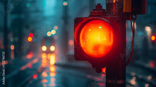 Traffic red light on the blurred city street, stoplight sign photo
