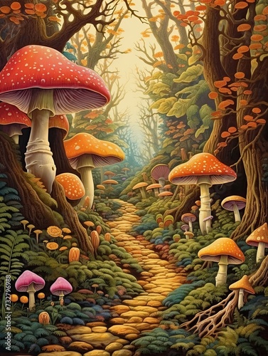 Whimsical Mushroom Forests: Vintage Art Print - Woodland Delight
