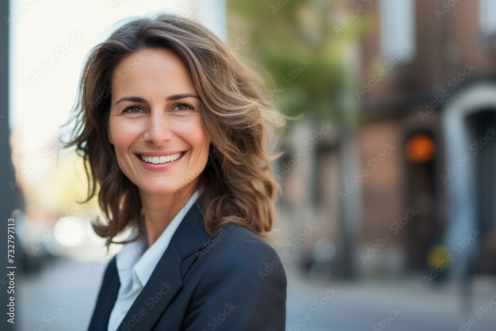Young happy pretty smiling professional business woman, happy confident positive female entrepreneur standing outdoor on street, looking at camera Young happy pretty smiling professional business woman, happy confident positive female entrepreneur standing outdoor on street, looking at camera