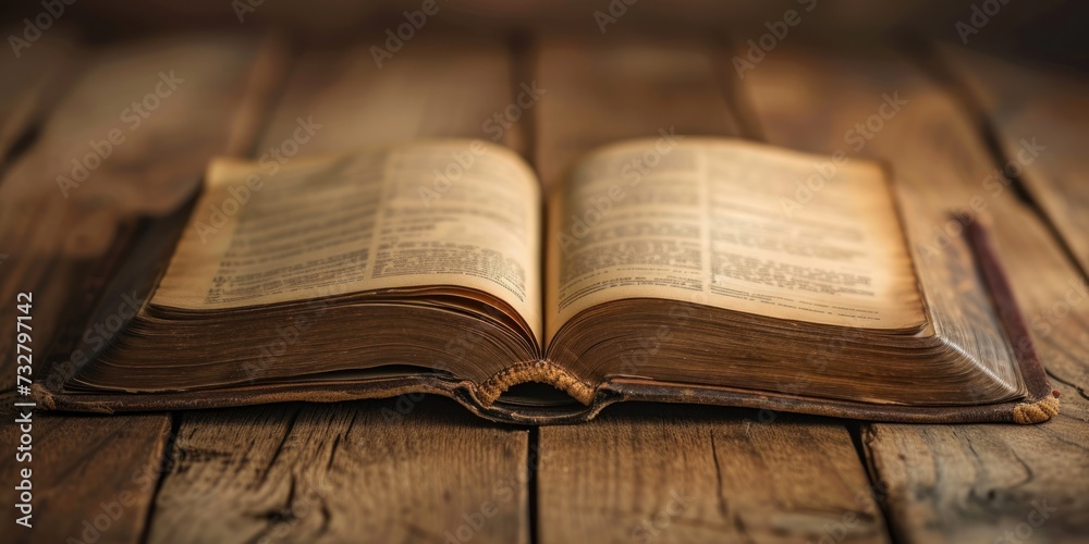 Obraz premium An antique open book on a wooden table, invoking themes of history, education, or classic literature.