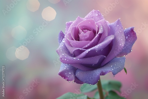 A majestic purple rose  its petals adorned with shimmering water droplets  set against a delicately blurred background of soft  ethereal colors.