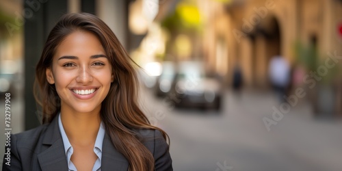 Young happy pretty smiling professional business woman, happy confident positive female entrepreneur standing outdoor on street, looking at camera