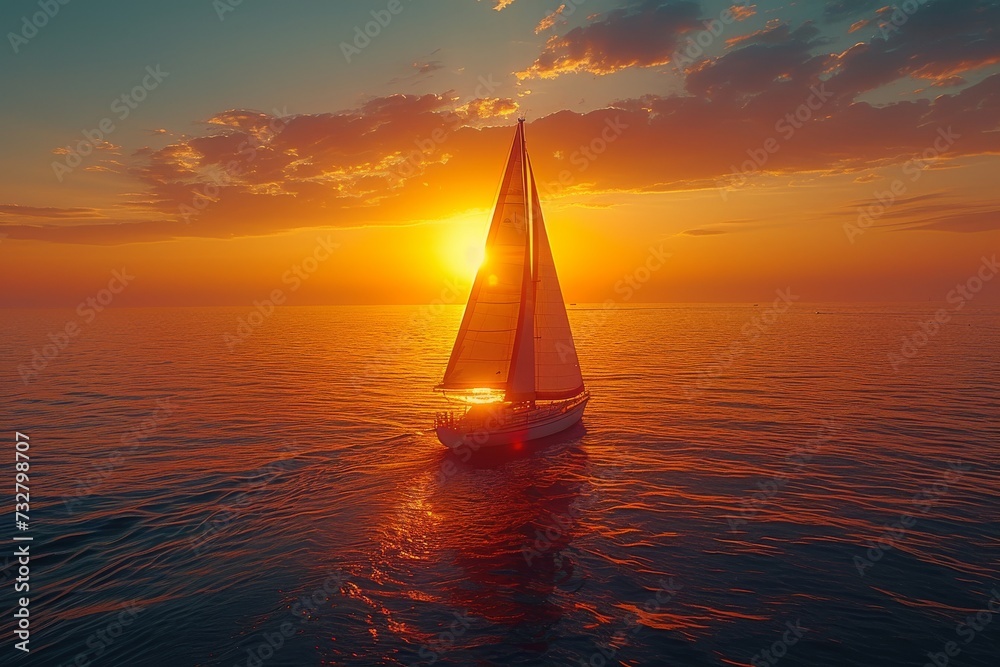A majestic sailboat glides across the serene waters, its mast reaching towards the sky as the afterglow of a breathtaking sunset paints the horizon