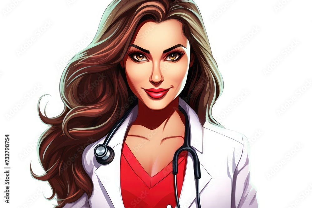 Animated character of a confident female doctor with long hair and a stethoscope, white coat, and red shirt Animated character of a confident female doctor with long hair and a stethoscope, white coat, and red shirt