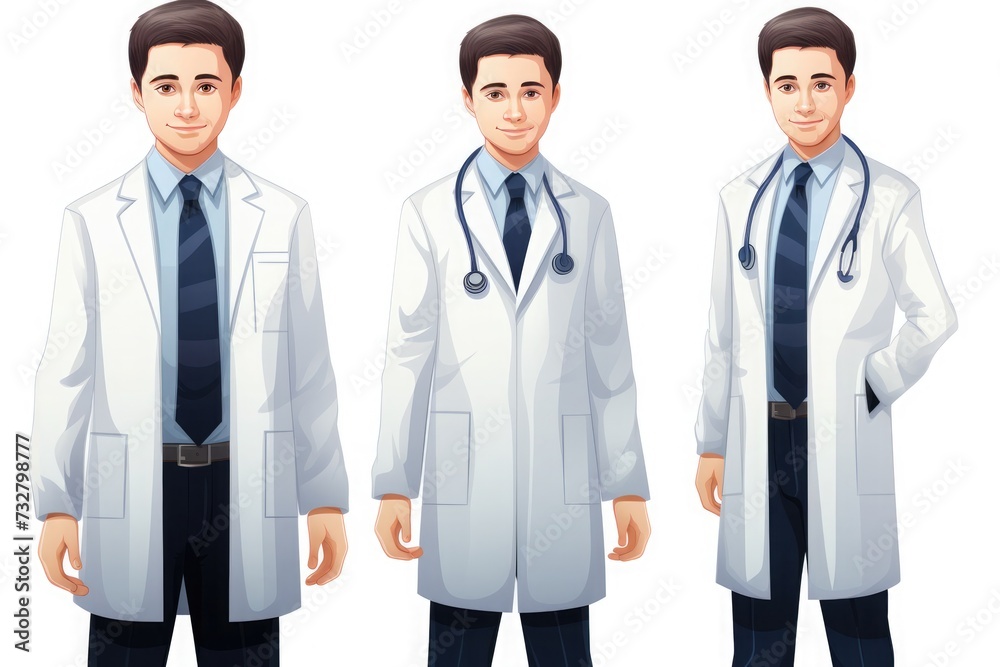 A set of illustrations portraying a male medical professional in different poses, in formal attire with a lab coat and stethoscope