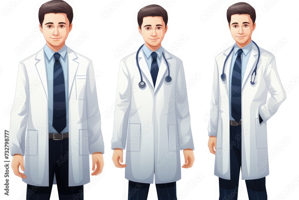 A set of illustrations portraying a male medical professional in different poses, in formal attire with a lab coat and stethoscope A set of illustrations portraying a male medical professional in different poses, in formal attire with a lab coat and stethoscope