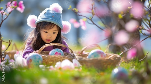 Happy Easter. the Asian child is looking for painted eggs in the grass on a sunny day. happy childhood