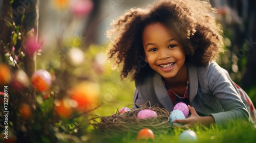 Happy Easter. the black, African American child is looking for painted eggs in the grass on a sunny day. happy childhood