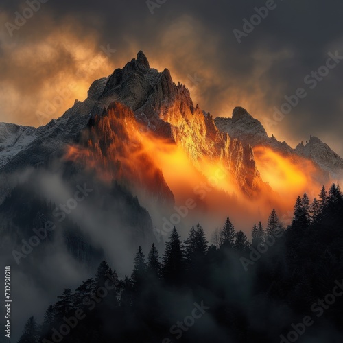 Fake light illumination over a dramatic misty cloudy mountain with a damp winter snowy area filled with lush trees. great for backgrounds, blogs, advertisements etc. Generative Ai